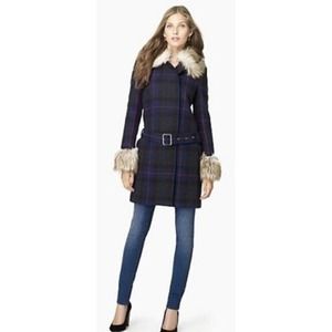Juicy Couture Y2K Plaid Belted Coat Faux Fur Cuffs Snap Button Size M